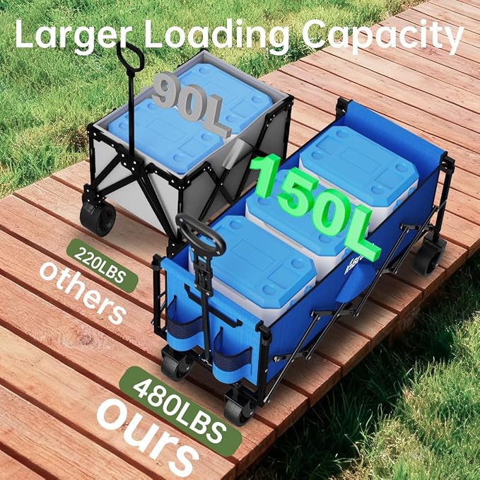 Extra Long Collapsible Wagon Cart, 480LBS Heavy Duty Utility Wagons with All-Terrain Wheels, Foldable Grocery Carts for Gardening, Shopping, Beach, Camping, Royal Blue
