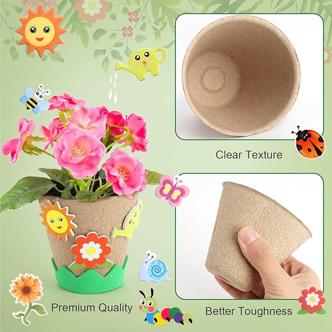 Ayfjovs Garden Paper Pot Craft Kit, 30 Pack Flower Growing Kit for Kids with 120 PCS Adhesive Foam Stickers and 30 PCS Plastic Plant Labels for Kids Science, Classroom Decoration, Mother's Day