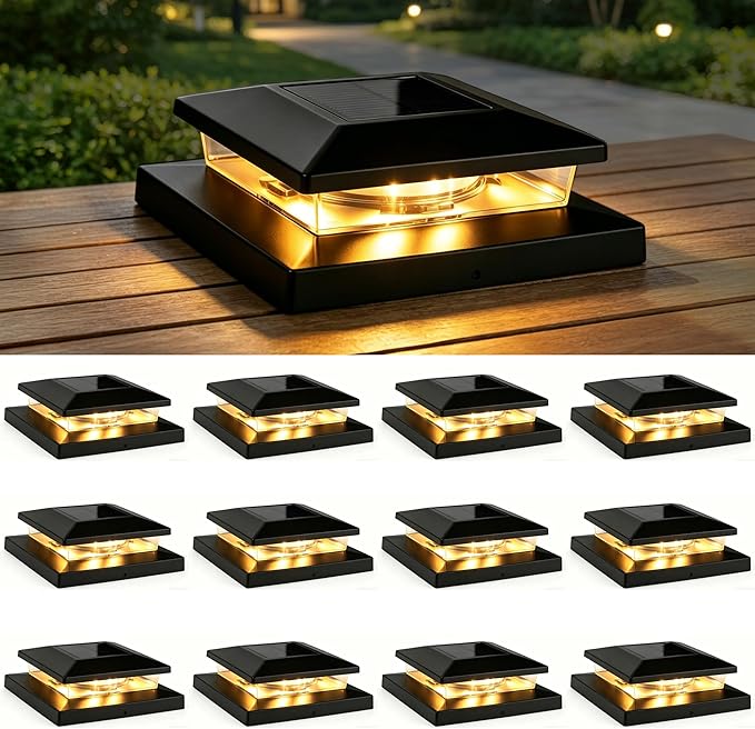 TW SHINE Solar Post Cap Lights Outdoor, 12 Pack Waterproof Solar Powered Deck Fence Post Lights, Warm White Post Light for Garden Patio Porch for 4x4, 5x5 or 6x6 Wooden Posts
