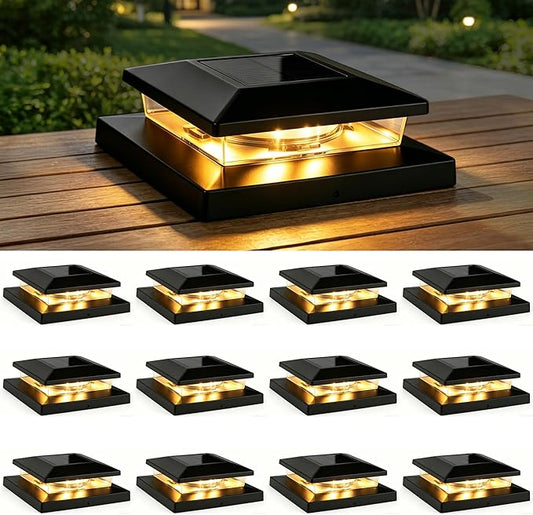 TW SHINE Solar Post Cap Lights Outdoor, 12 Pack Waterproof Solar Powered Deck Fence Post Lights, Warm White Post Light for Garden Patio Porch for 4x4, 5x5 or 6x6 Wooden Posts