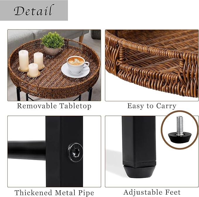 DINGTAI Brown Small Round End Table, 19in Rattan End Tables, Wicker Rattan Side Table, Round Sofa Side Table, Indoor Outdoor Side Tables for Patio, Living Room Bedroom Office
