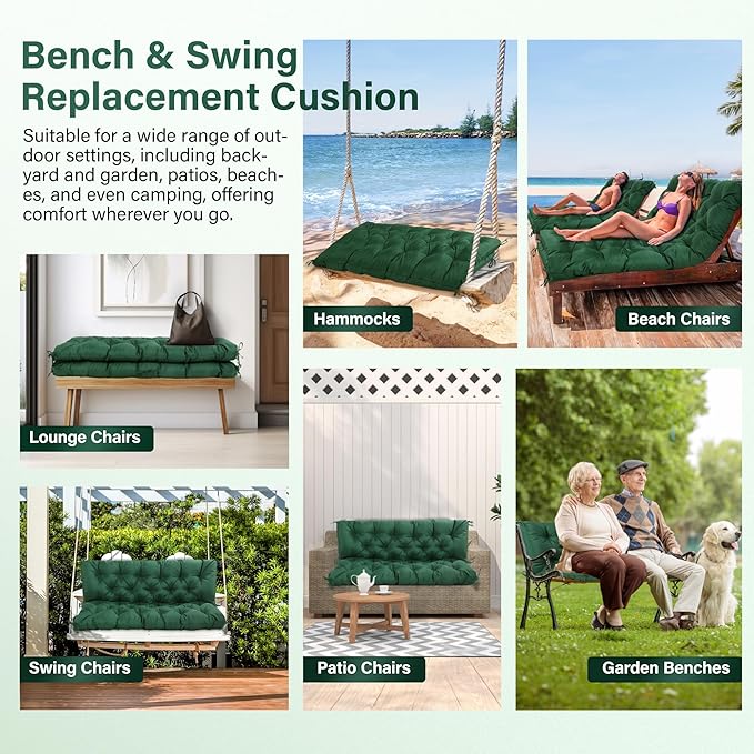 Waterproof Porch Swing Cushions 60 Inch,2 3-Seater Replacement for Outdoor Furniture with Backrest and Straps, Thick 4" Swing Seat Bench Cushion for Loveseat Glider Bench Patio Lawn Backyard