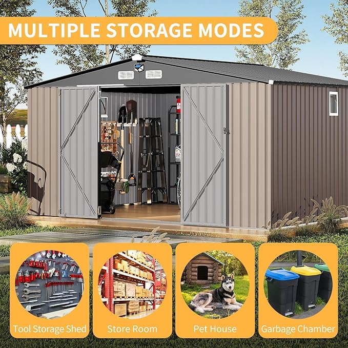 10x12FT Metal Storage Shed with Sloped Roof, Lockable Doors, Solar Light, Windows, and Vents, Outdoor Storage Sheds for Garden, Backyard, Patio Tools and Equipment