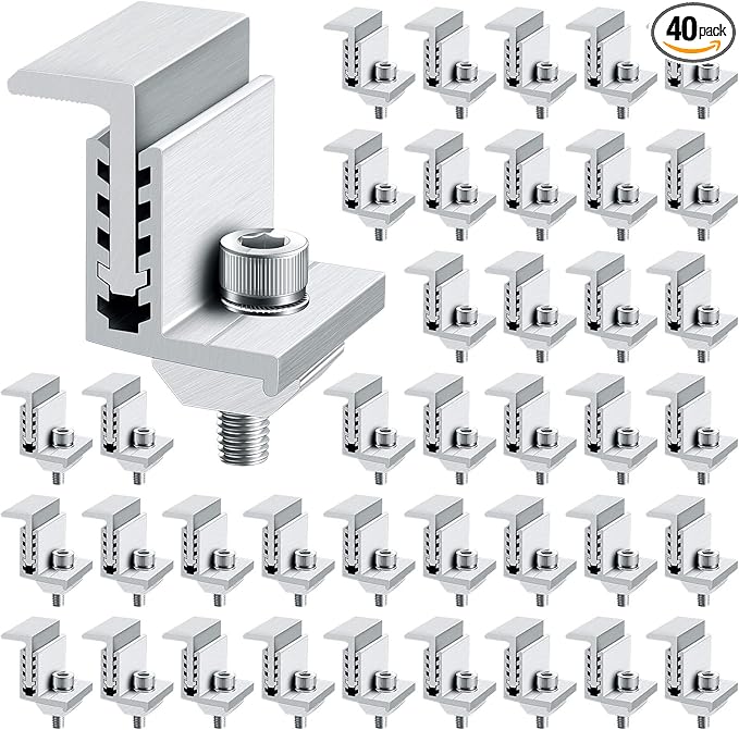Zhengmy 40 Pack Solar Panel End Clamp Mounting Z Bracket Mid Clamps Aluminum Rail End Clamps Clips Adjustable Panels Grounding Gutter Kit for Pv Mounting System Install Hardware Fasteners Accessory