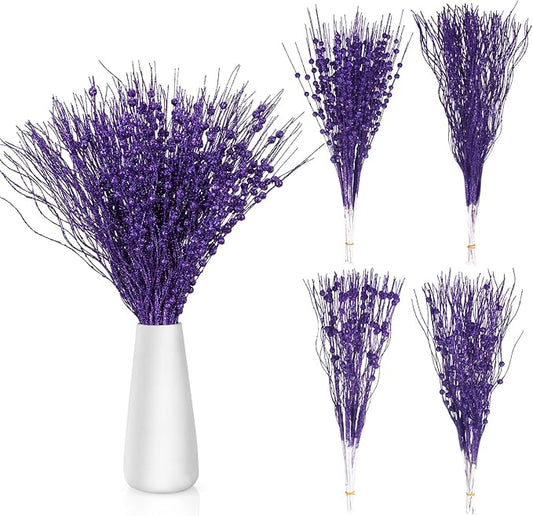 36 Pcs 17'' 15'' Christmas Artificial Glitter Berry Stems 4 Styles Xmas Decorative Tree Picks Branches Large Glittery Twigs for Christmas Tree Xmas Wreath Vase Filler(Purple)