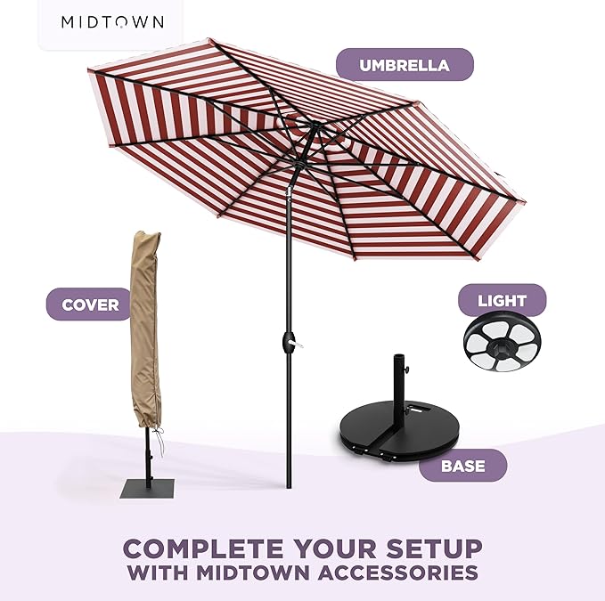Midtown Umbrellas - 10-Year-No-Fade 10 Ft Patio Umbrella with Terylast Fabric, Auto-Tilt Aluminum Frame and 8 Reinforced Ribs for Deck, Pool, Garden & Beach - Red/White Stripes Canopy, Black Pole