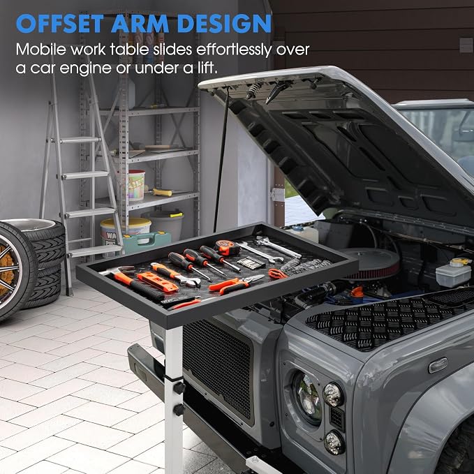 OLBRUS Adjustable Work Table with Wheels, Mechanic Rolling Tool Tray Table for Garage Repair Shops DIY, 220LBS Capacity Mobile Heavy Duty Steel Tool Cart (Gray)