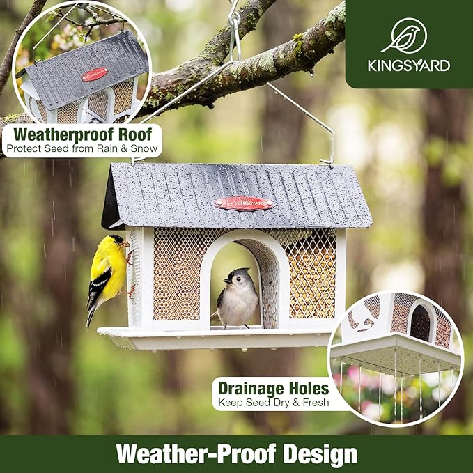 Kingsyard Bird Feeder for Outdoors Hanging, Dual-Use Metal Mesh Wild Bird Feeders with Seed Tray & Weatherproof Roof, 3 lbs Large Capacity, White