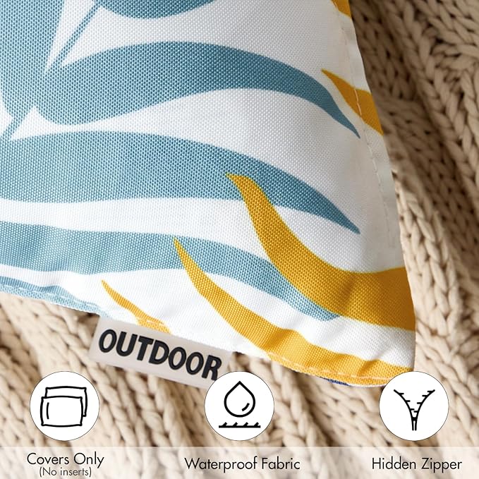 MIULEE Pack of 2 Decorative Outdoor Waterproof Throw Pillow Covers Patio Pillow Cases Natural Leaves Pattern Spring Square Cushion Shams Shell for Garden Balcony Couch 18x18 Inch, Yellow Blue
