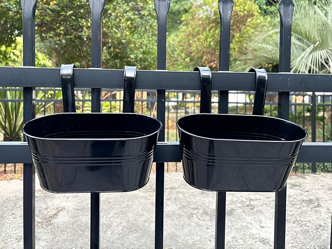 12" Balcony Railing Planters, Outdoor Hanging Planter for Fence, Stylish Metal Porch Deck Flower Pot for Herbs & Succulents (Black, Pack of 6)