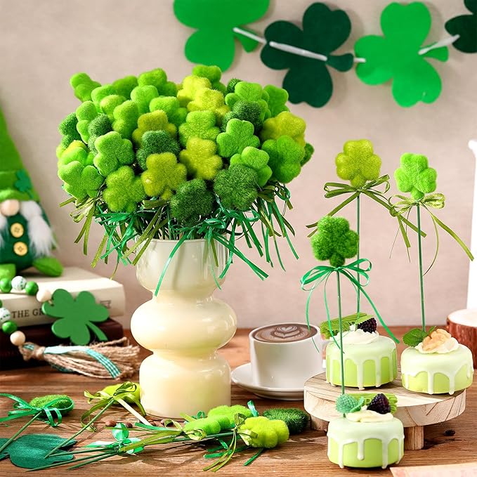 60 Pcs St. Patrick's Day Shamrock Picks Irish Shamrock Foam Picks St. Patrick's Day Clover Puffy Sticks for Irish Tree Green Floral Arrangement Bouquet Wedding Table Centerpiece Vase Filler Home Decor