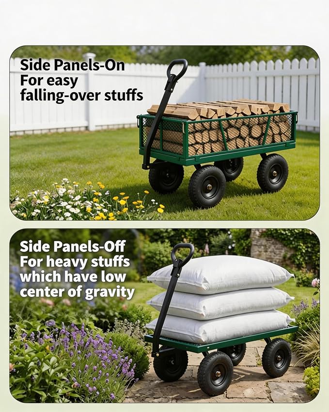 GarveeTech 800LBS Heavy Duty Steel Garden Cart, Garden Wagon Cart on Wheels, Metal Yard Utility Wagon with Removable Mesh Sides, 10" All Terrain Tires, 180° Rotating Handle for Lawn, Garden, Farm