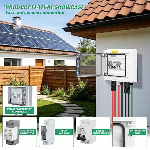 2 in 1 Out Solar Combiner Box,PV Combiner Box with 20A PV Fuse,DC 40A Circuit Breaker and Surge Protector,IP65 Solar Disconnect Switch Box for Indoor Outdoor Solar Panel System (2 in 1 Out 20A 500V)