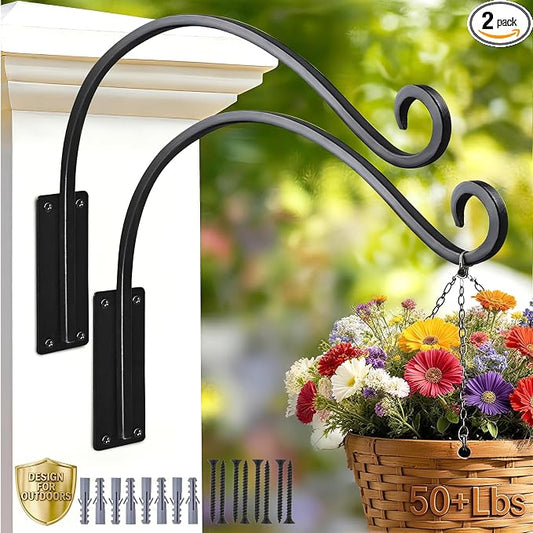 Heavy Duty 12 Inch Plant Hangers Bracket Outdoor, 50lbs Weight Capacity-2 Pack Metal Wall Hooks for Hanging Plants, Bird Feeder, Wind Chime, Wall Decor, Plant Hanger Hooks for Hanging Flower Baskets