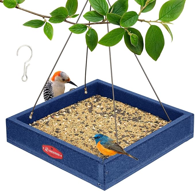Kingsyard WPC Composite Platform Bird Feeder for Outside, Heavy Duty Hanging Tray for Mealworms & Seeds, 3.5 lbs Large Capacity, Weatherproof Recycled Plastic Material, Easy to Clean, Blue | Recycled Poly Lumber, Weatherproof, 11x11 Tray, Holds up to 3...