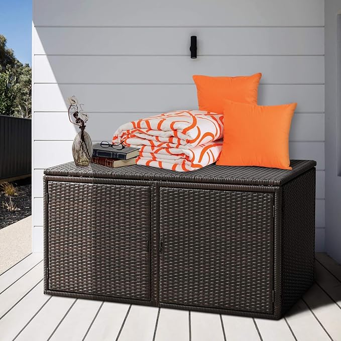 RELAX4LIFE PE Wicker Storage Box - Outdoor 88 Gallon 2-Tier Deck Box for Patio Furniture Toys Storage w/Lid & Front Doors, All Weather Rattan Storage Bin for Backyard Garden Poolside Porch (Brown)
