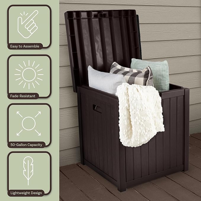 Outdoor Storage Box - 50 Gallon Deck Box for Pool Accessories or Patio Furniture Cushions - Deck Boxes Outdoor Waterproof Fade-Resistant Package Delivery Boxes for Outside by Pure Garden (Coffee)