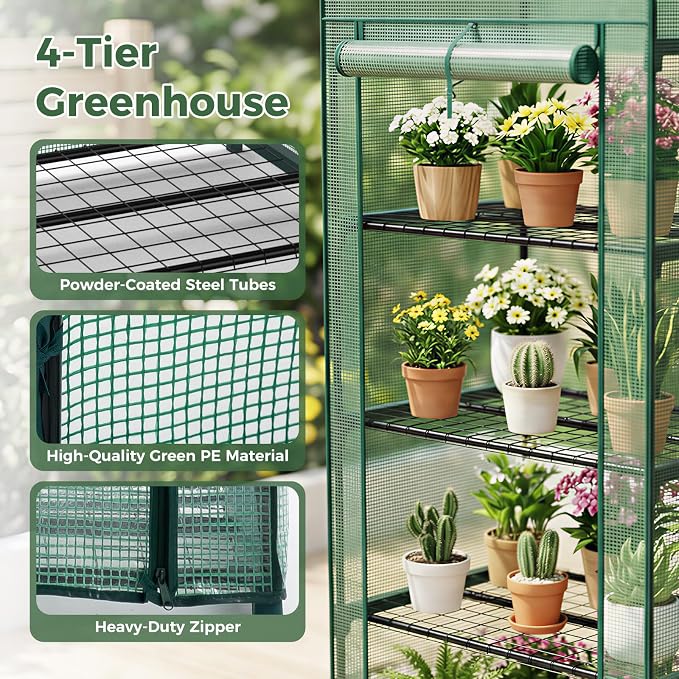 NEWBULIG Mini Greenhouse with Durable PE Cover Roll-up Zipper Door 4 Tier, 27"×19"×63" Small Greenhouse for Outdoors Indoor Balcony, Porch, Garden, Patio, Backyard Green Houses, Green