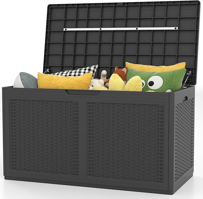 Moccha 100-Gallon Outdoor Storage Box - Waterproof Resin Deck Box with Lockable Lid & Wheels, Faux Rattan Outdoor Storage Bench for Pool Accessories, Garden Tool, Patio Furniture Cushion (Grey)