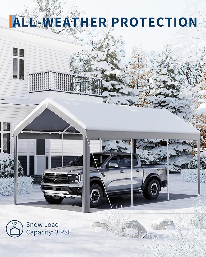 10 Ft x 20 Ft Carport Canopy, Portable Heavy Duty Garage Shelter with 8 Legs, Outdoor Car Shelter Tent with All-Season Tarp for Car, Truck, SUV, Boat