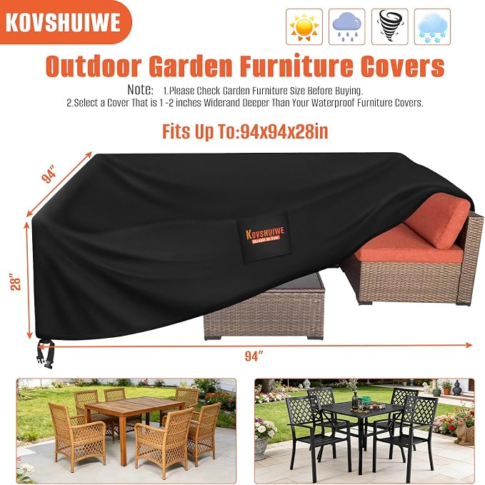 Kovshuiwe 94" Lx94 Wx28 H Rectangular Patio Heavy Duty Table Cover -Patio Covers for Shade and Rain, 600D Tough Oxford Cloth Waterproof Outdoor Dining Table and Chairs Furniture Cover Size