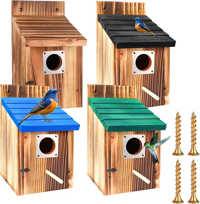 4-Piece Outdoor Bird House Set, Bird Houses for Outside with Metal Guards, Safety Locks, Flight Slots, & Ventilation, Bluebird Houses with 1-1/2" Entrance for Bluebirds, Wrens, Finches-4 Colors
