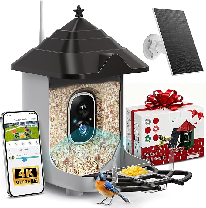 Smart Bird Feeder with Camera, 4400mAh Battery with Solar Panel, 2K Live View/AI Identifies/App Control/Auto Capture/165° Motion Detection/IP65 Waterproof, Ideal Gift, Pine Green