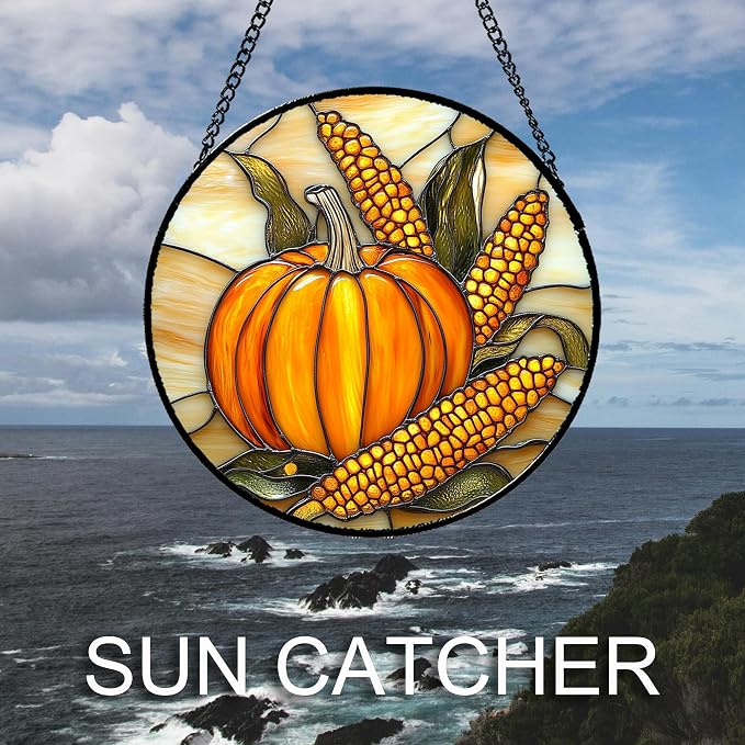 DASTOLL Stained Glass Window Hanging Autumn Harvest Pumpkin Corn Large 15" - Suncatcher Door Garden Kitchen Sunroom Sun Catcher Fall Home Decor Birthday for Mom Grandma Men Woman