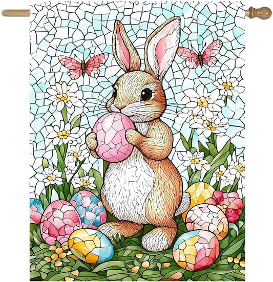 Easter Bunny Garden Flag for outside 28x40 Double Sided Stained Glass Rabbit Flag Easter Egg House Flag Lily Spring Outdoor Flag Large