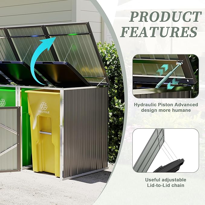 KEIKI 3-Bin Outdoor Trash Can Storage Shed, Metal Garbage Bin Enclosure with Lift-Up Lid & Lockable Double Doors, Weather-Resistant Heavy-Duty Patio Garden Shed, Light Gray