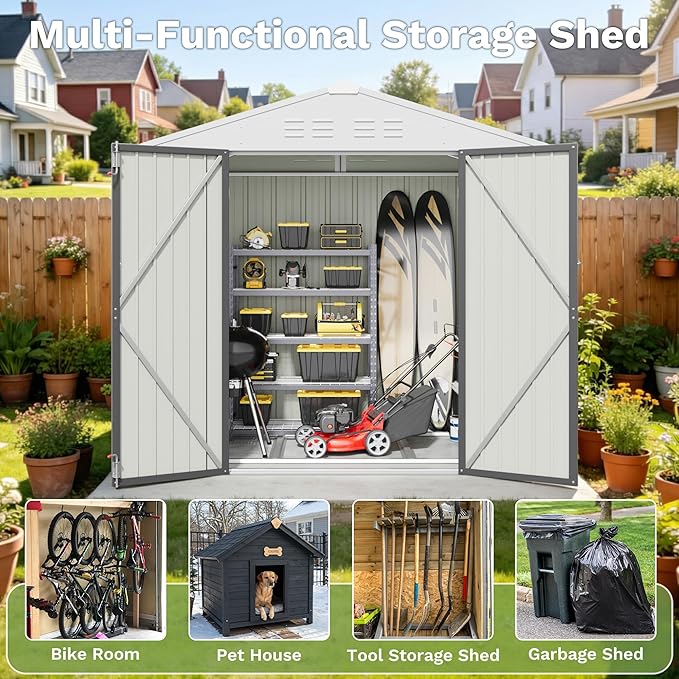 Greesum 6x4FT Outdoor Storage Shed with Base, Utility Tool Shed with Sloping Roof, Metal Storaged Garden Shed with Door & Lock for Patio Storage, Gray