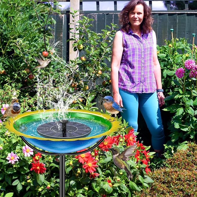 Metal Bird Bath for Outside, Garden Birdbath Bowl Freestanding Bird Feeders for Outdoors with 4 Prongs Base Stake, Standing Birdfeeders for Yard Lawn Decor (Blue Yellow)