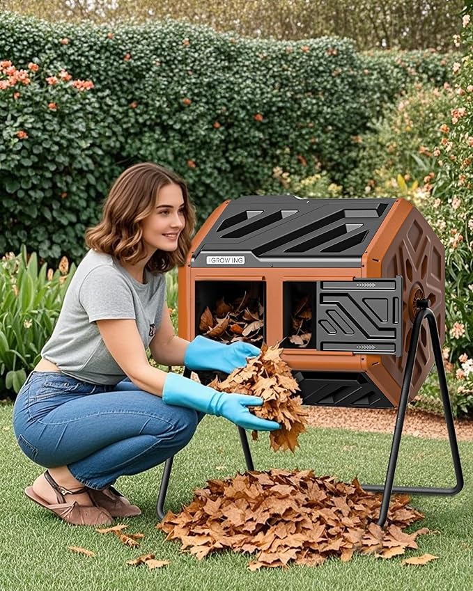 THEGROW'ING 43 Gallon Dual Chamber Compost Bin with Built-in Nuts & Thermometer, Outdoor Rotating Composter Tumbler for Garden Backyard, Orange