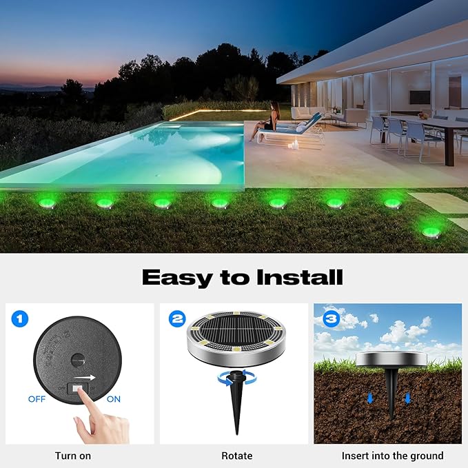 Peasur Mini Solar Ground Lights Outdoor, 8 Pack Flat Solar Powered Disc Lights, IP68 Waterproof, Anti-Rust, Landscape Lighting for Pathway Garden Yard Lawn Walkway Landscape Driveway, Green