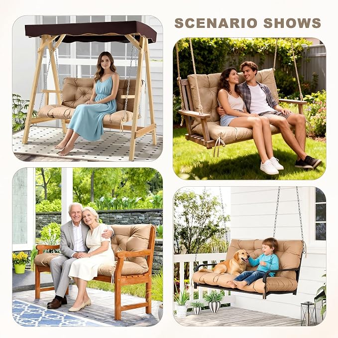 Porch Swing Cushion with Backrest,Waterproof Bench Cushion for Outdoor Furniture,2-3 Seater Replacement Thickened Swing Cushion with Ties,Patio,Outdoor,Backyard and Garden (Khaki,60x40)