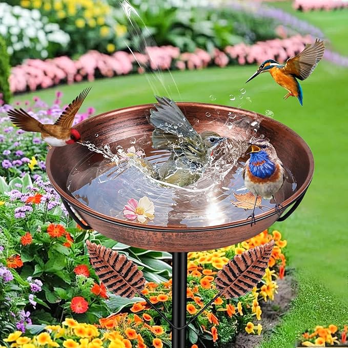 Metal Bird Bath for Outside, Freestanding Bird Baths with Removable Bowl, Birdbath & Bird Feeder with Upgraded Stable Stake for Garden Patio Yard Lawn (Vintage Brown, Leaf)