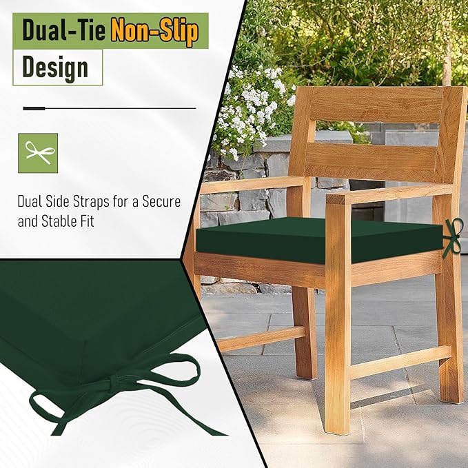 Basic Beyond Outdoor Chair Cushions Set of 4, Square Corner Outdoor Cushions for Patio Furniture, Water Resistant Patio Chair Cushions with 2 Ties, 18.5x16x3, Forest Green