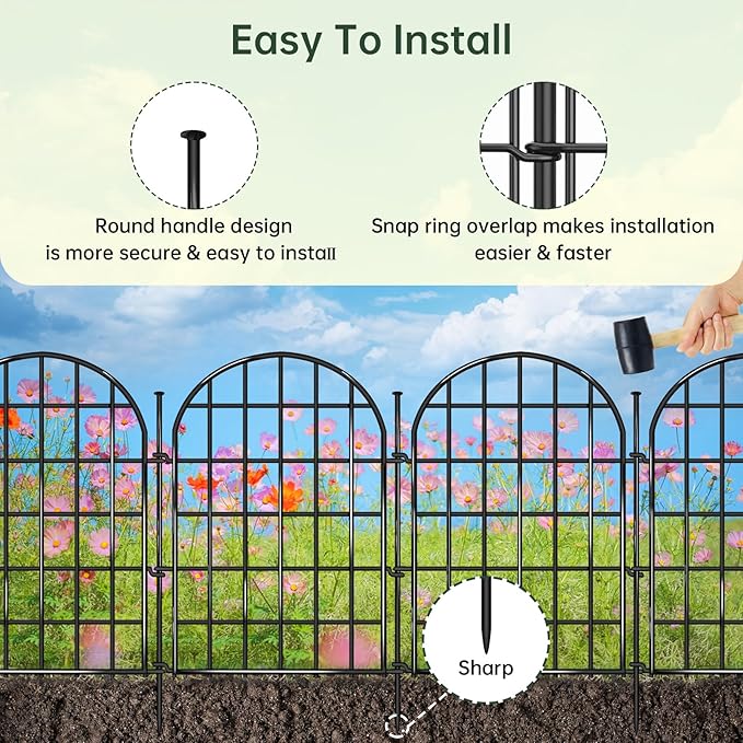 12 Panels Garden Fence, 13.8 ft(L) x 17 in(H) Arched No Dig Fence, Decorative Animal Barrier Fencing with Ground Stake, Rustproof Metal Garden Edging Border for Dog, Rabbit, Outdoor Yard Patio Decor