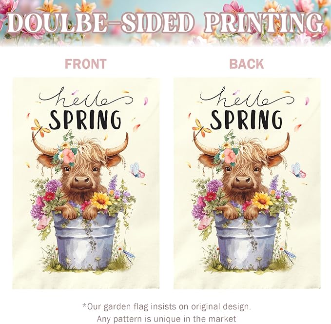 Hello Spring Garden Flag Large Highland Cow Polyester House Banner Double Sided Vertical Farmhouse Butterfly Floral Yard Flags Rustic Daisy Banner for Seasonal Outdoor Decor 28 x 40 Inch