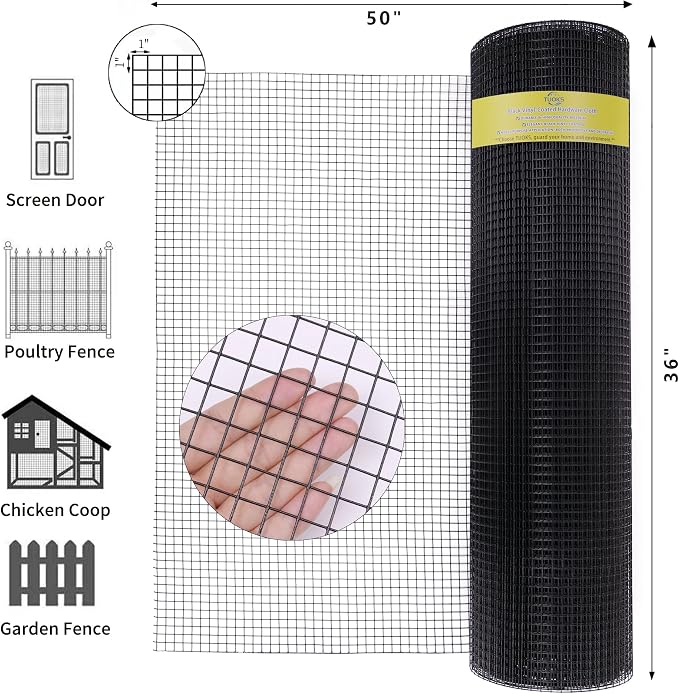 1 inch Hardware Cloth 36in x 50ft,16 Gauge Black PVC Coated Welded Wire Fence, Wire Mesh Roll,Rabbit Wire,Black Chicken Wire Fencing,Gopher Wire Cloth,Garden Fence,Poultry Netting,Rodent Wire