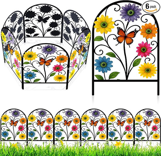 Yaocom Flower Decorative Garden Fence, 6 Pack 16.5''h x 11.8''w Metal Animal Barrier Border, Floral Butterfly Design Arched Garden Fence Panels for Spring Outdoor Yard Lawn Patio Flower Bed Decor