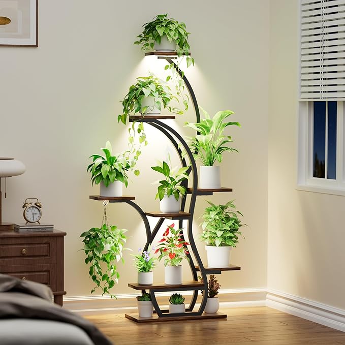 EVAWOO Plant Stand Indoor with Grow Lights - 8 Tiered Corner Plant Shelf Indoor, 65" Tall Lighted Plant Holder for House, Black
