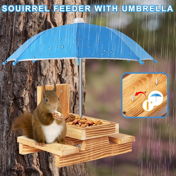 Gnodary Squirrel Feeder with Umbrella, Squirrel Feeders for Outside, Squirrel Picnic Table Feeder - Chipmunk Feeder Hold Corn, Corn Cob, Peanuts Style2 (Light Blue)