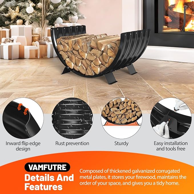 Metal Firewood Rack Outdoor Beside Fire Pit/Steel Logs Storage Indoor by Fireplace-with Metal Legs,Rustproof,Durable & Stylish Firewood Holder (Sector, 24 Inches Diameter)