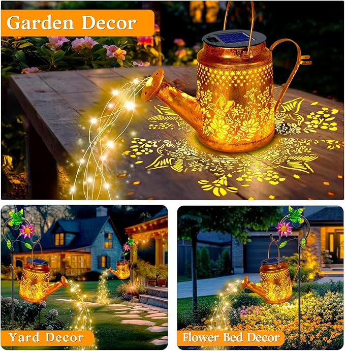Solar Hummingbird Flowers Watering Can Lights, Gifts for Mom Grandma Women Wife Daughter Mother's Day, Waterproof Outdoor Garden Decor with Shepherd Hook, Hanging Lights for Yard Porch Backyard Patio