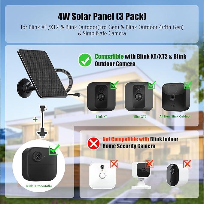 Rhorawill 3 Pack Solar Panel for Blink Outdoor 2K+/(3rd Gen) XT3/Outdoor 4(4th Gen) and XT/XT2 Camera(Not Included)/Blink Outdoor Camera,Solar Panel with Mount 13.1ft Cable Rubber Plug