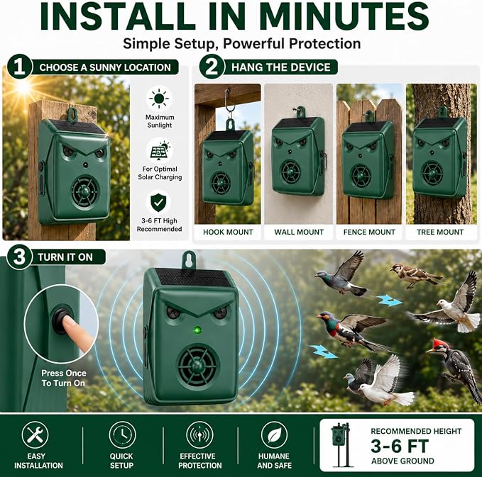 2026 Upgraded Solar Ultrasonic Bird Repellent Devices Outdoor,2 Pcs Woodpecker Deterrent for House,USB Charging & Waterproof Goose Pigeon Bird Deterrents for Outside,Birds Repeller for Garden Orchard