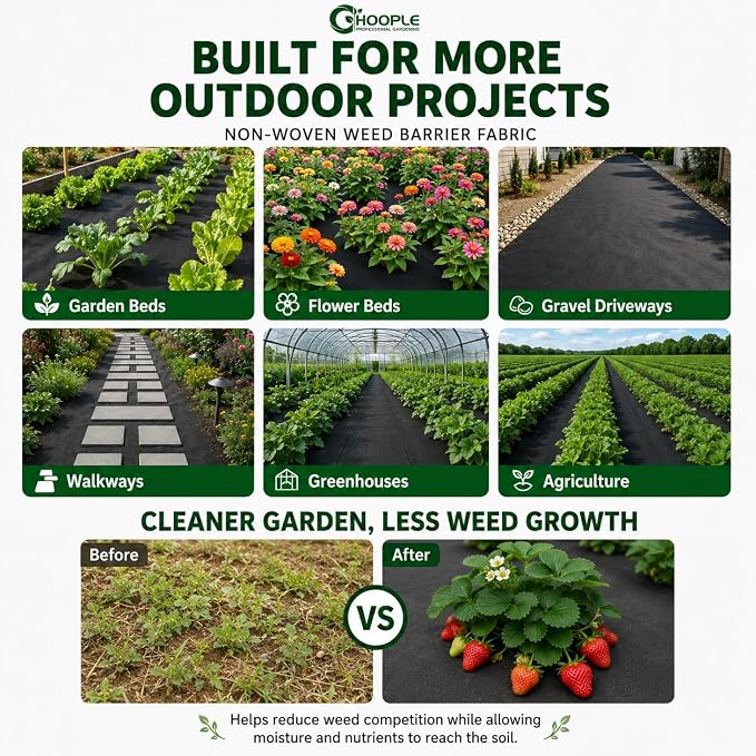 HOOPLE 3FT*50FT remium Landscape Fabric Weed Barrier, Durable & Heavy-Duty, Thick Weed Barrier Fabric, Easy Setup & Superior Weed Control (with 20 pcs Garden Stakes)