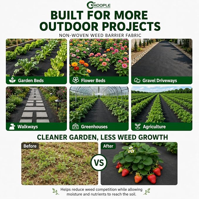 HOOPLE 3FT*100FT Premium Landscape Fabric Weed Barrier, Durable & Heavy-Duty, Thick Weed Barrier Fabric, Easy Setup & Superior Weed Control (3ft*100ft fold)
