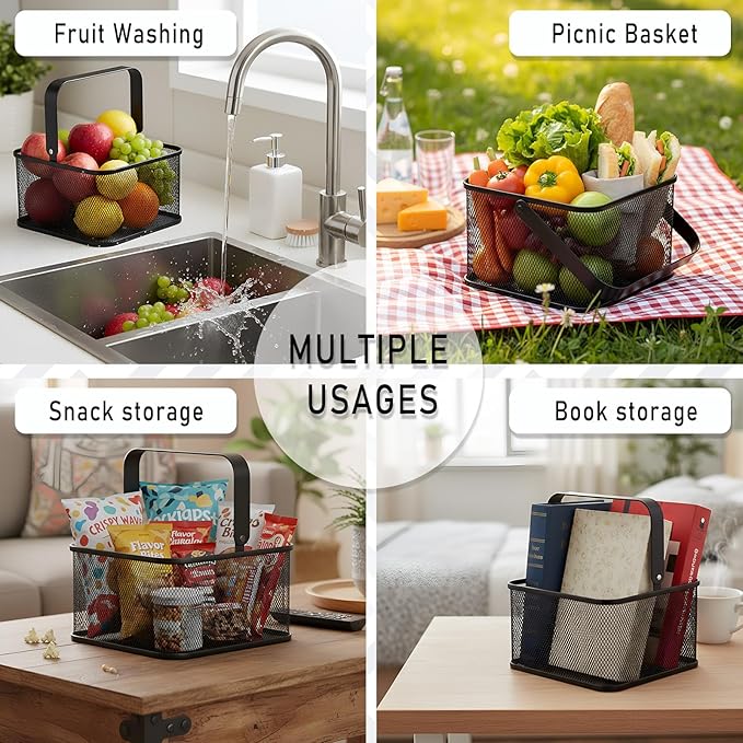 Set of 2 Metal Harvest Baskets Square Wire Garden Basket with Iron Handle Multi-functional Storage Organizer for Gathering Vegetables, Fruits, Kitchen, Garden, Picnic